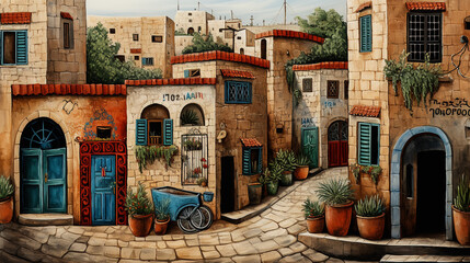 Fototapeta na wymiar Beautiful colorful houses on the streets of the old city with bicycles. Fantasy cityscape. Naive art style storybook illustration.