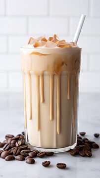 Iced cappuccino with caramel syrup and ice. Concept: cafe menu for summer drinks