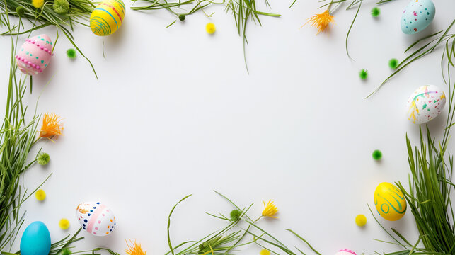 Easter background, Festive Easter frame with colorful eggs and spring flowers on white