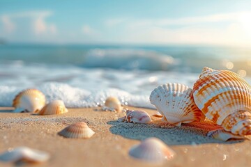 Serene Seashell Assembly on a Sundrenched Tropical Beach at Sunset