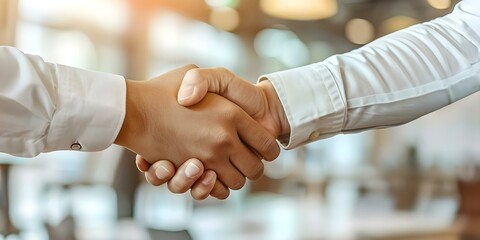Two professionals sealing a successful business deal or job interview with a handshake in an office setting. Concept Business professionals, Handshake, Office setting, Successful deal, Job interview