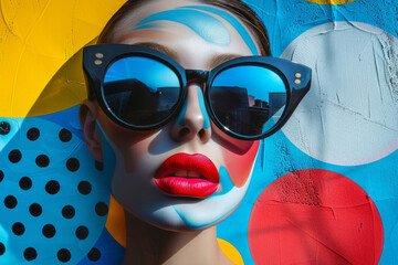 A woman with red lips and blue eyes wearing sunglasses. The background is a colorful abstract...