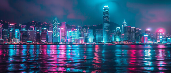 Bright lights illuminate a bustling cityscape, casting colorful neon glows on buildings and streets below.