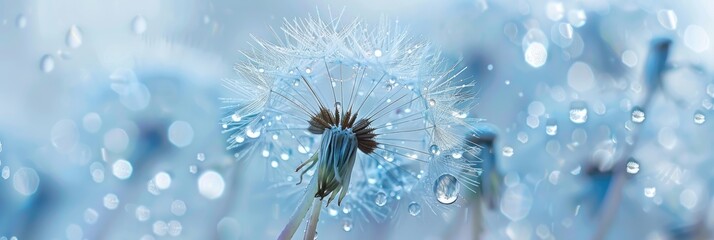 A dandelion covered with tiny drops of water, glistening in the sunlight. 
