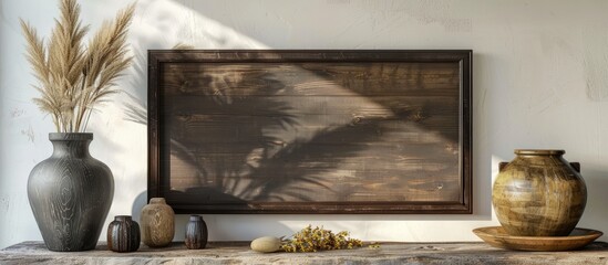 Mockup of a horizontal frame made of dark wood, wooden sign in a frame, interior designed in bohemian style.