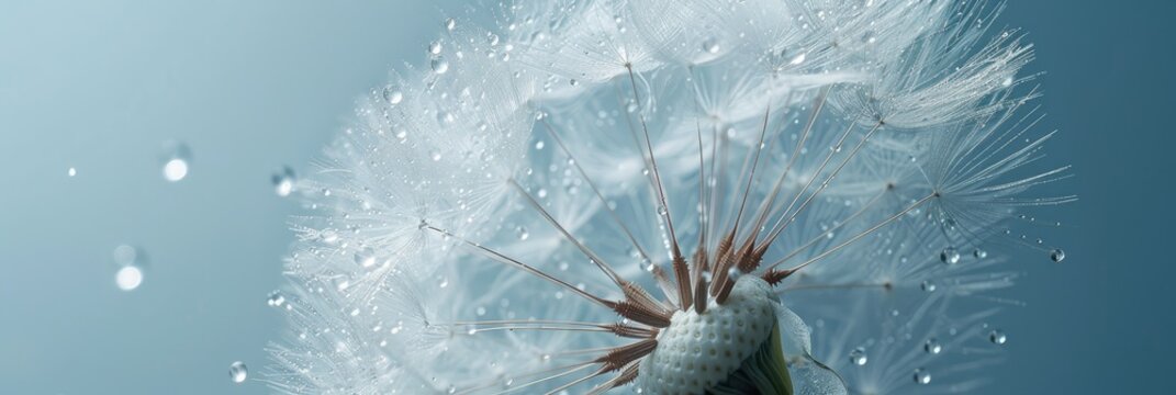 A dandelion seed head is being carried by the wind, while water droplets cling to its delicate white fluffy parachute-like structure.