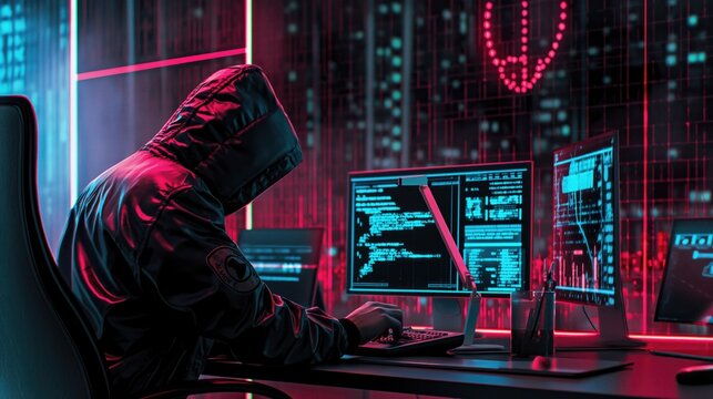 Hooded hacker in a dark room with computer monitors and binary code. The concept of cybercrimes