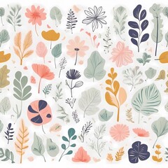 A collection of seamless pattern, colorful abstract plants and flowers. Hand drawn Collection of leaves and flowers. A close up of a pattern of flowers and leaves.

