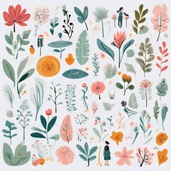 A collection of seamless pattern, colorful abstract plants and flowers. Hand drawn Collection of leaves and flowers. A close up of a pattern of flowers and leaves.
