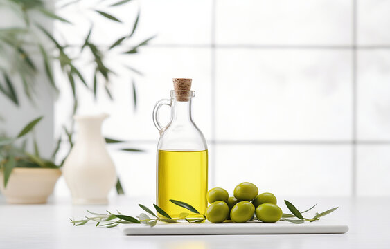 bottle olive oil and olive branches on white wooden table over l