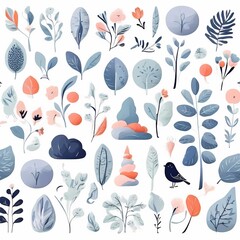 A collection of seamless pattern, colorful abstract plants and flowers. Hand drawn Collection of leaves and flowers. A close up of a pattern of flowers and leaves.
