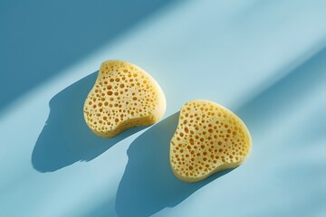 Two heart shaped sponges, spa treatment for two concept. Shadow play on pastel blue background, beauty care and wellness. 