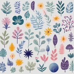 A collection of seamless pattern, colorful abstract plants and flowers. Hand drawn Collection of leaves and flowers. A close up of a pattern of flowers and leaves.
