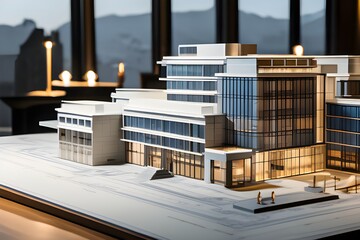 Modern office complex setting with architectural and landscaping blueprints and 3D building models