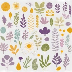 A collection of seamless pattern, colorful abstract plants and flowers. Hand drawn Collection of leaves and flowers. A close up of a pattern of flowers and leaves.
