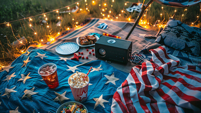Independence Day outdoor movie setup flat lay with a projector blankets and patriotic snacks.