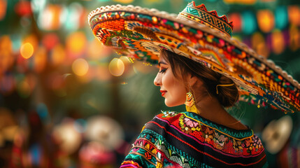 Fototapeta premium Cinco de Mayo. Elegant Mexican woman in traditional costume with festive bokeh lights