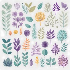 A collection of seamless pattern, colorful abstract plants and flowers. Hand drawn Collection of leaves and flowers. A close up of a pattern of flowers and leaves.
