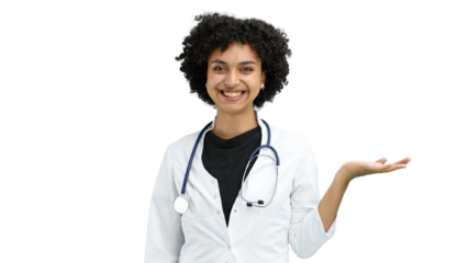 Female doctor, close-up, on a green background, pointing to the side