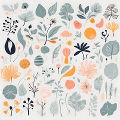 A collection of seamless pattern, colorful abstract plants and flowers. Hand drawn Collection of leaves and flowers. A close up of a pattern of flowers and leaves.
