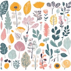 A collection of seamless pattern, colorful abstract plants and flowers. Hand drawn Collection of leaves and flowers. A close up of a pattern of flowers and leaves.
