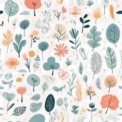 A collection of seamless pattern, colorful abstract plants and flowers. Hand drawn Collection of leaves and flowers. A close up of a pattern of flowers and leaves.
