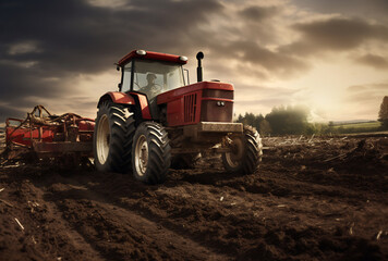 Obraz premium Red tractor plowing field at sunset