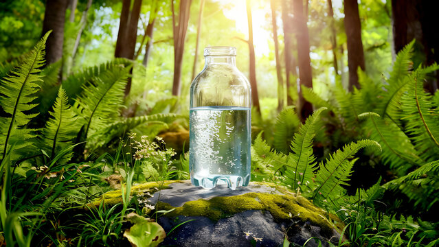 A glass bottle of clean water placed next to nature. Mineral bottle with blurred green natural background. water, pure, mineral, plastic, bottle, clean, background