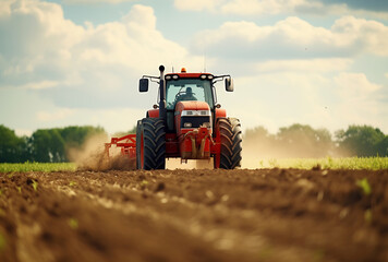 Tractor plowing field with plow - obrazy, fototapety, plakaty