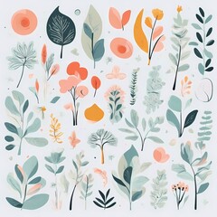 A collection of seamless pattern, colorful abstract plants and flowers. Hand drawn Collection of leaves and flowers. A close up of a pattern of flowers and leaves.
