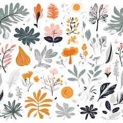 A collection of seamless pattern, colorful abstract plants and flowers. Hand drawn Collection of leaves and flowers. A close up of a pattern of flowers and leaves.
