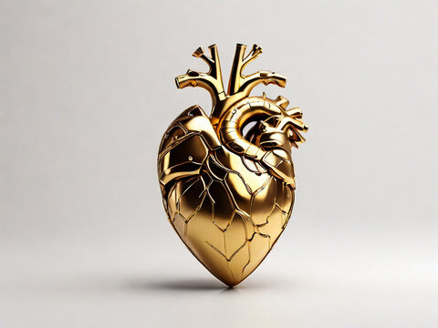 a golden human heart on a white background