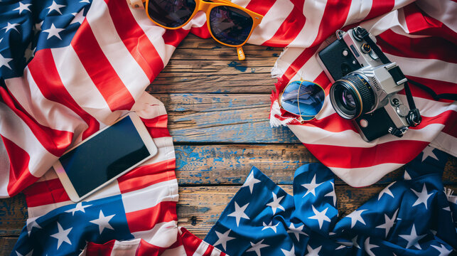 July 4th parade essentials flat lay with handheld American flags sunglasses and a camera.