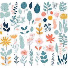 A collection of seamless pattern, colorful abstract plants and flowers. Hand drawn Collection of leaves and flowers. A close up of a pattern of flowers and leaves.

