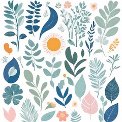 A collection of seamless pattern, colorful abstract plants and flowers. Hand drawn Collection of leaves and flowers. A close up of a pattern of flowers and leaves.
