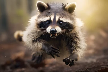Foto op Plexiglas running raccoon with motion blurred background, running raccoon, animal © MrJeans