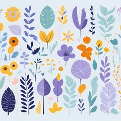 A collection of seamless pattern, colorful abstract plants and flowers. Hand drawn Collection of leaves and flowers. A close up of a pattern of flowers and leaves.
