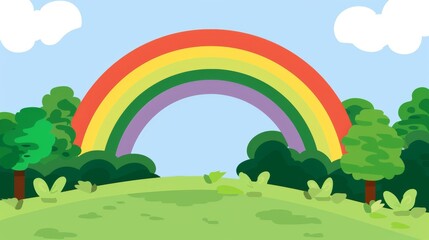  a drawing of a rainbow in the middle of a green field with trees and a blue sky in the background.