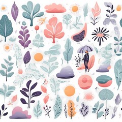 A collection of seamless pattern, colorful abstract plants and flowers. Hand drawn Collection of leaves and flowers. A close up of a pattern of flowers and leaves.
