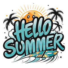 A smiling sun peeks over stylized lettering that reads "HELLO SUMMER," set