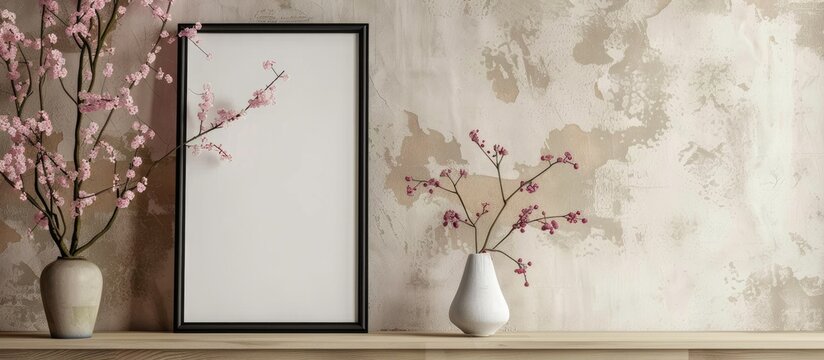 Decor elements in a home interior featuring a mockup with a black frame and spring flowers in a vase on a light backdrop.