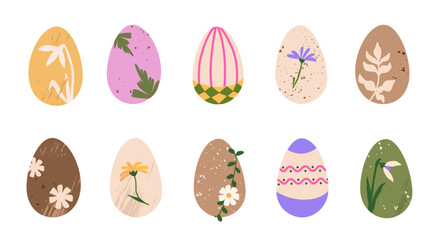 Set of natural dyed Easter eggs with botanical prints. DIY flower decorated eggs. Colorful hand painted of Easter symbol. Vector isolated illustration