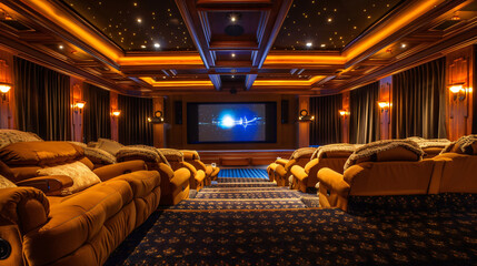 Luxe home theater with plush seating and ambient lighting. - obrazy, fototapety, plakaty