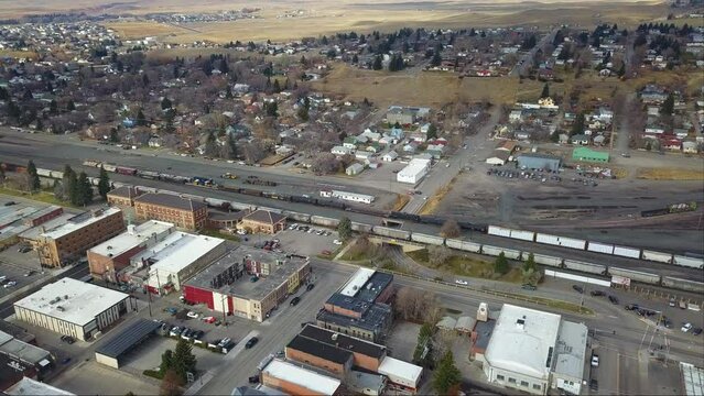 Aerial of rail yard in Livingston, Montana