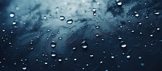 A detailed view of a vehicle windshield covered in rainwater droplets