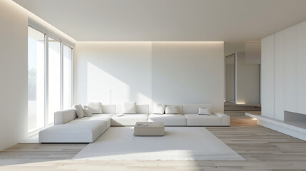 Modern minimalist living room interior with clean lines and neutral colors. - obrazy, fototapety, plakaty