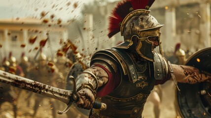 Roman soldier fighting with his sword in a battle created with Generative AI