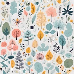 A collection of seamless pattern, colorful abstract plants and flowers. Hand drawn Collection of leaves and flowers. A close up of a pattern of flowers and leaves.
