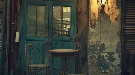  a chair and a table in front of a door with shutters and a lamp on the side of the building.
