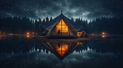 Tent submerged in water - obrazy, fototapety, plakaty